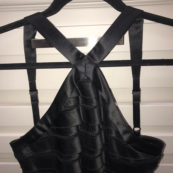 BCBGMaxAzria Satin Halter Tiered Dress Black 2 - Picture 3 of 7
